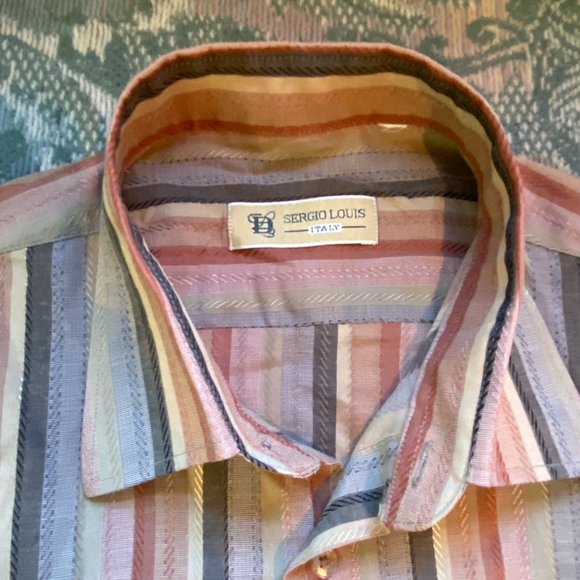 Vintage Sergio Louis Earth Tone Fall Striped Dress Shirt Size L Cotton Blend - Picture 7 of 11